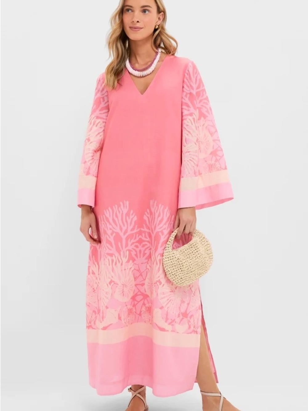 Sold out Pink Sherbet Floral Maxi Caftan Dress Flowing Sleeves Side Slit NWT